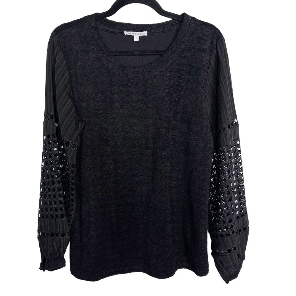 New See and Be Seen Medium M Black Cut Out Sleeve Textured Sweatshirt Crew Neck